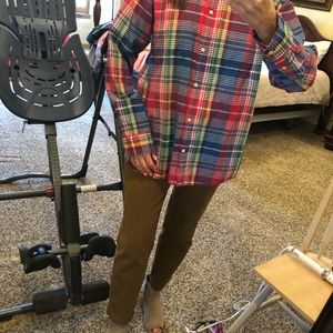 Multi red blue yellow plaid.  Size L.
